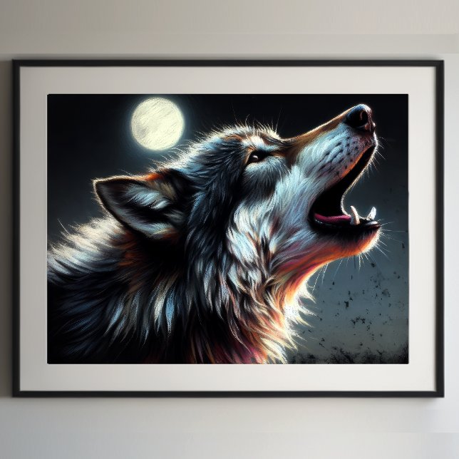 Hard Pastel Drawing Wolf Howling Moon II Poster (Creator Uploaded)