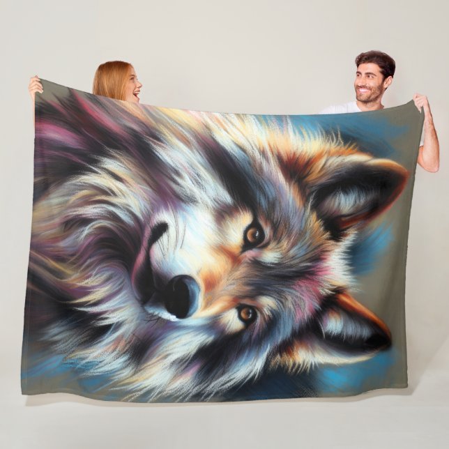 Hard Pastel Wolf on Grey Fleece Blanket (In Situ)