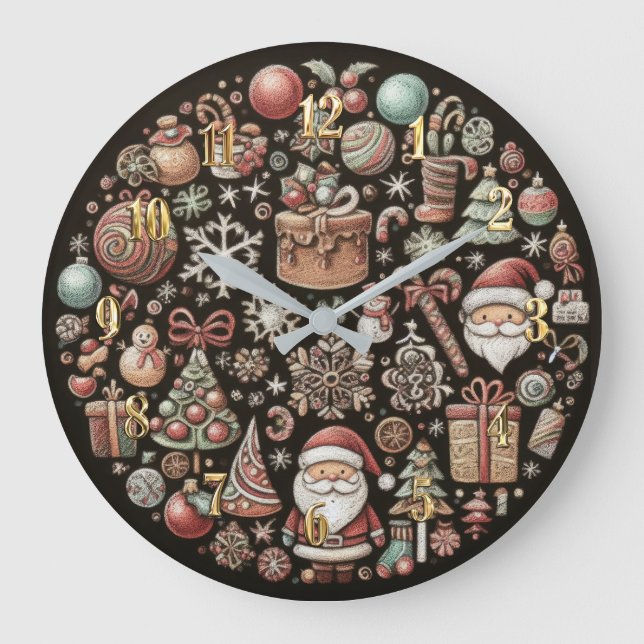 Hard Pastels Drawing Christmas Motifs Large Clock (Front)