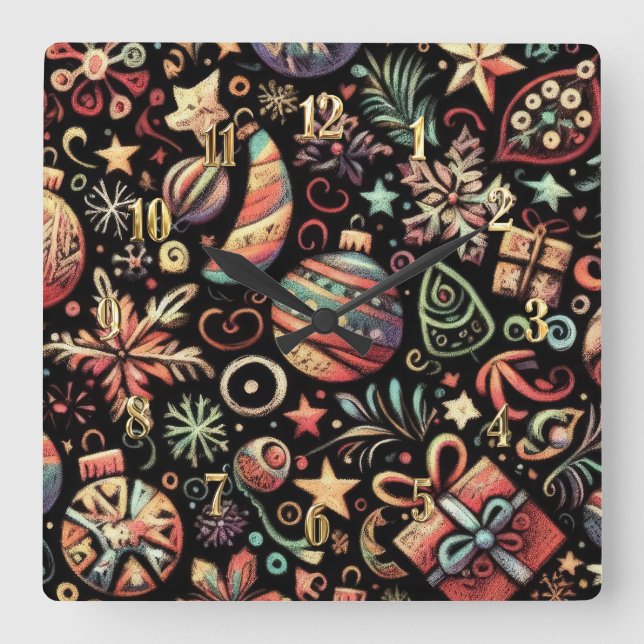 Hard Pastels Drawing Christmas Motifs Square Wall Clock (Front)