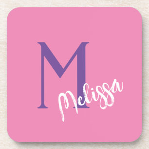 Hard plastic coaster pink monogram name gift