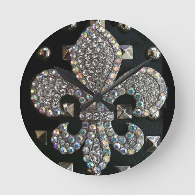 "HARD ROCK" BLACK FLEUR DE LIS FAUX STUDDED PRINT ROUND CLOCK (Front)