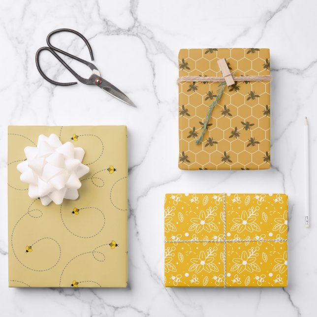 Hard Working Honey Bee Set of 3 Wrapping Paper Sheet (Front)