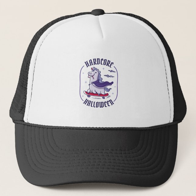 HARDCORE HALLOWEEN UNICORN SKATEBOARDING HALLOWEE TRUCKER HAT (Front)