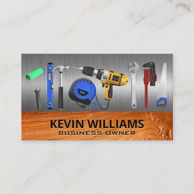 Hardware Tools | Metal and Wood | Construction Business Card (Front)