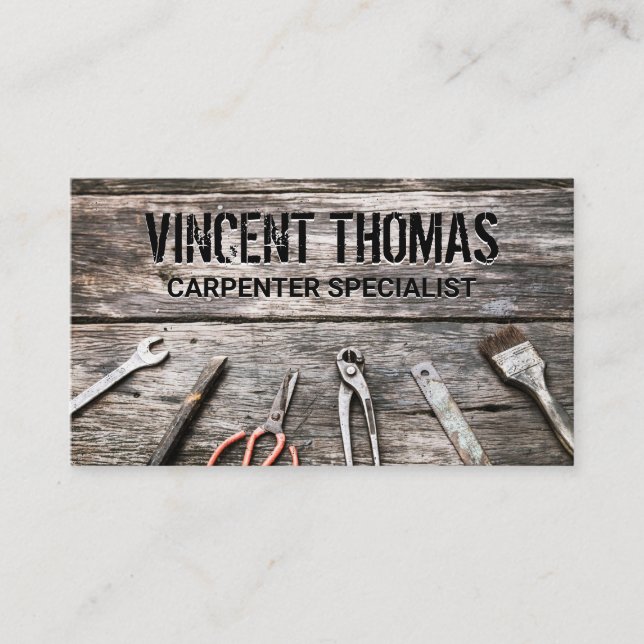Hardware Tools on Wooden Table Business Card (Front)