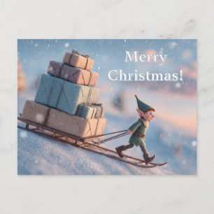 Hardworking Elf Pulling a Sleigh with Gifts Holiday Postcard