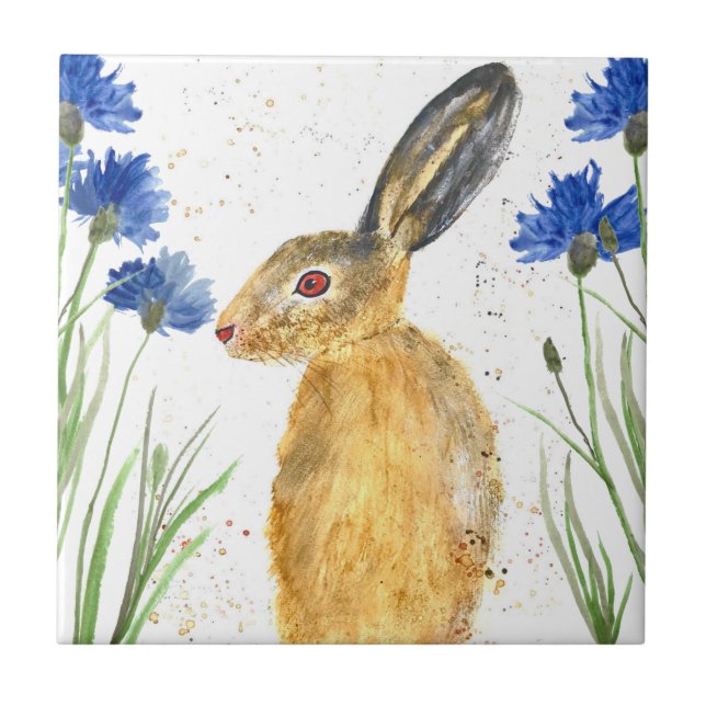 Hare Animal Watercolor Bunny Rabbits Forest Tile (Front)