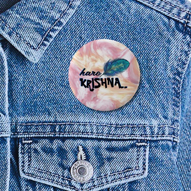 "Hare Krishna" Peacock Feather Hindu 2 Inch Round Button (Creator Uploaded)