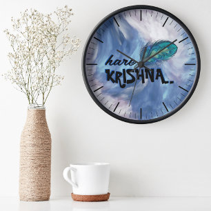 "Hare Krishna" Peacock Feather Hindu Clock