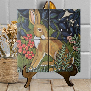Hare Rabbit in Garden Mural Ceramic 6" Tile Trivet