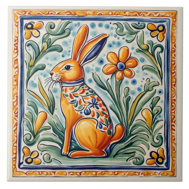 Hare Rabbit Mediterranean Bunny Folk Animal Art Tile (Front)
