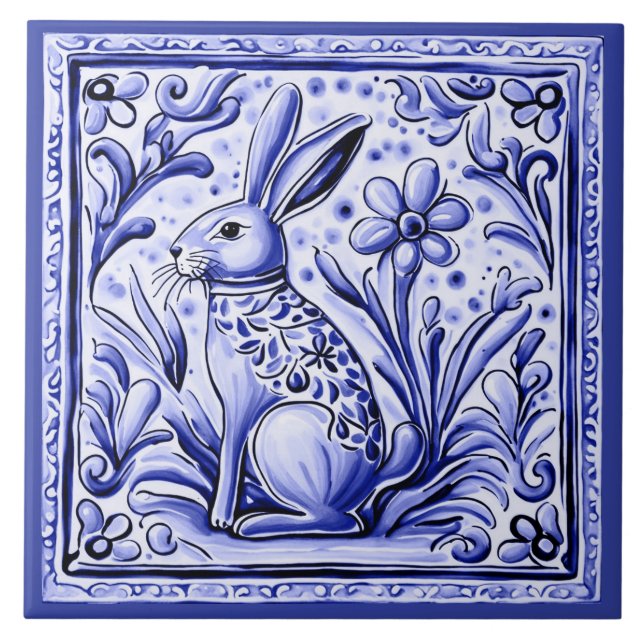 Hare Rabbit Mediterranean Bunny Folk Animal Art Tile (Front)
