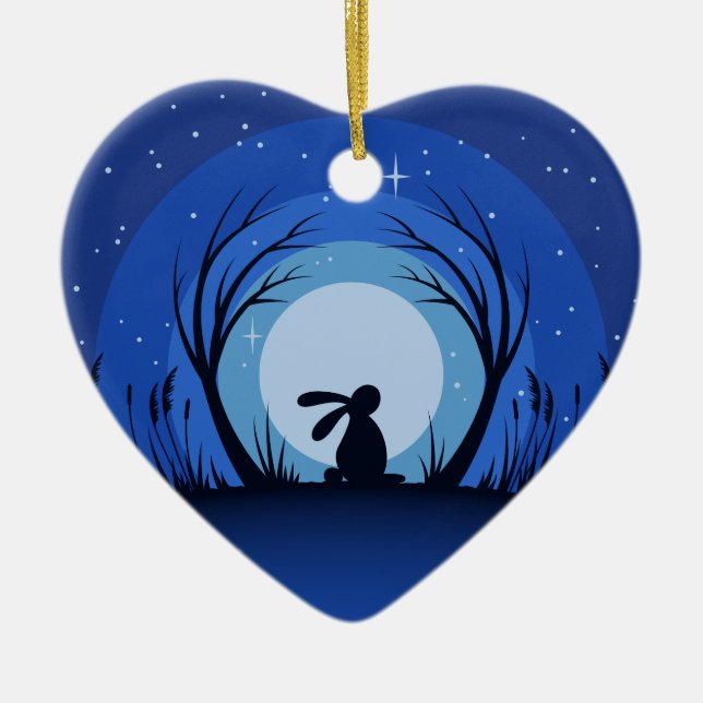 Hare, Rabbit, Moonlight Silhouette Ceramic Ornament (Front)