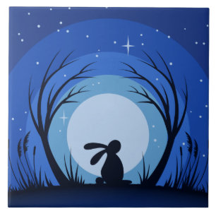 Hare, Rabbit, Moonlight Silhouette Tile