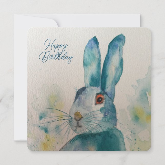 Hare Rabbit Watercolour Blue Birthday Card (Front)