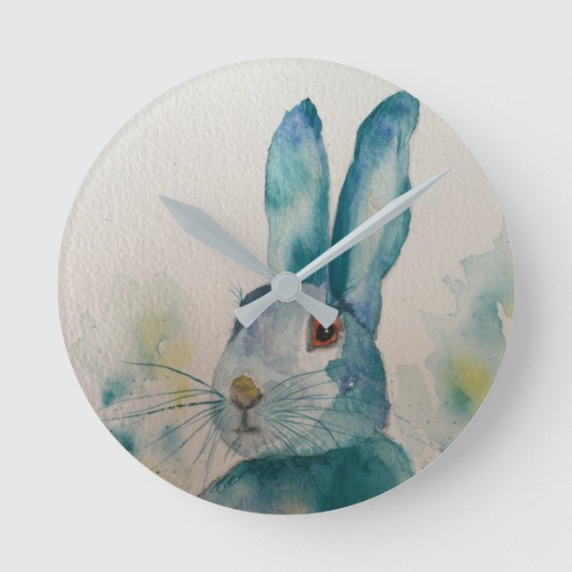 Hare Rabbit Watercolour Blue  Clock (Front)