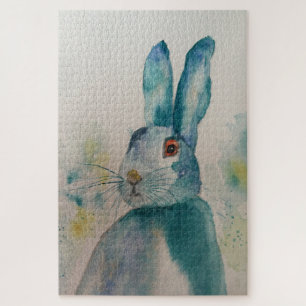 Hare Rabbit Watercolour Blue Jigsaw Puzzle