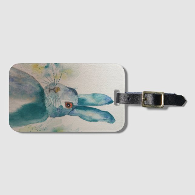 Hare Rabbit Watercolour Blue  Luggage Tag (Front Horizontal)