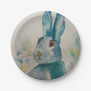 Hare Rabbit Watercolour Blue Paper Plate