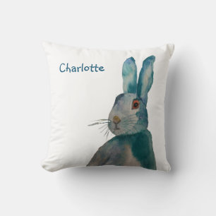 Hare Rabbit Watercolour Blue  Personalised  Throw Pillow