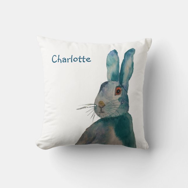 Hare Rabbit Watercolour Blue  Personalized  Throw Pillow (Front)