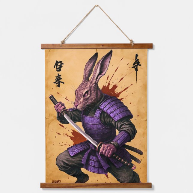 Hare Samurai - Rabbit Warrior - Japanese Ink Hanging Tapestry (Front)
