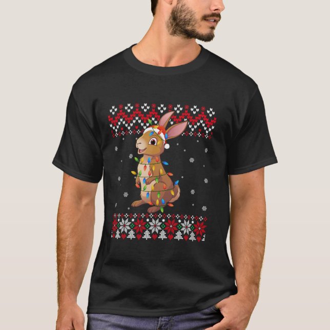 Hare Santa Hat Men Women Kids Ugly Christmas Light T-Shirt (Front)