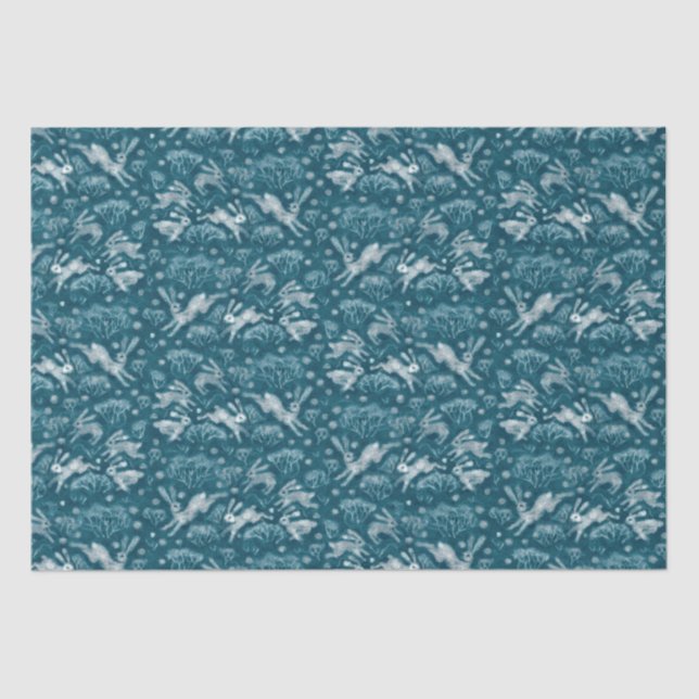Hares Field Bunnies Rabbits Winter Pattern Teal Tissue Paper (Front)