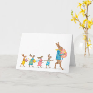 Hares on an Easter egg hunt card