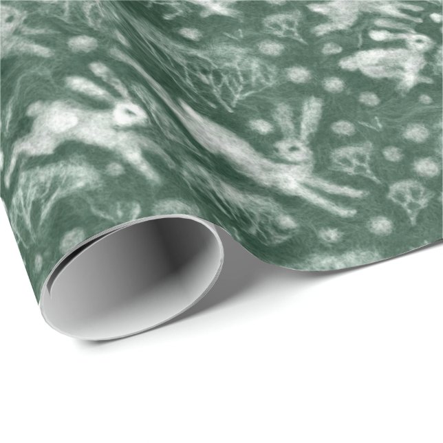Hares Snow Field White Rabbit Winter Pattern Green Wrapping Paper (Roll Corner)