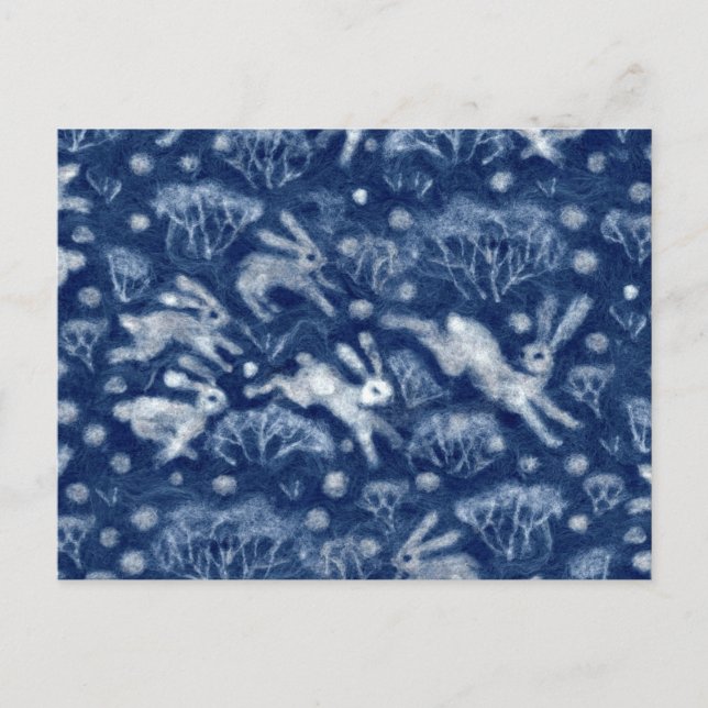 Hares Snow Field White Rabbits Winter Animals Blue Postcard (Front)