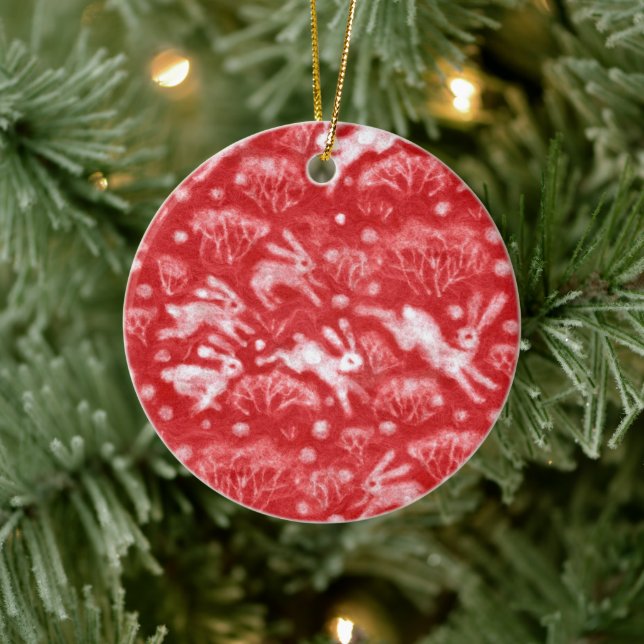 Hares Snow Field White Rabbits Winter Animals Red Ceramic Ornament (Tree)