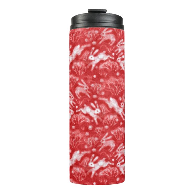 Hares Snow Field White Rabbits Winter Animals Red Thermal Tumbler (Front)