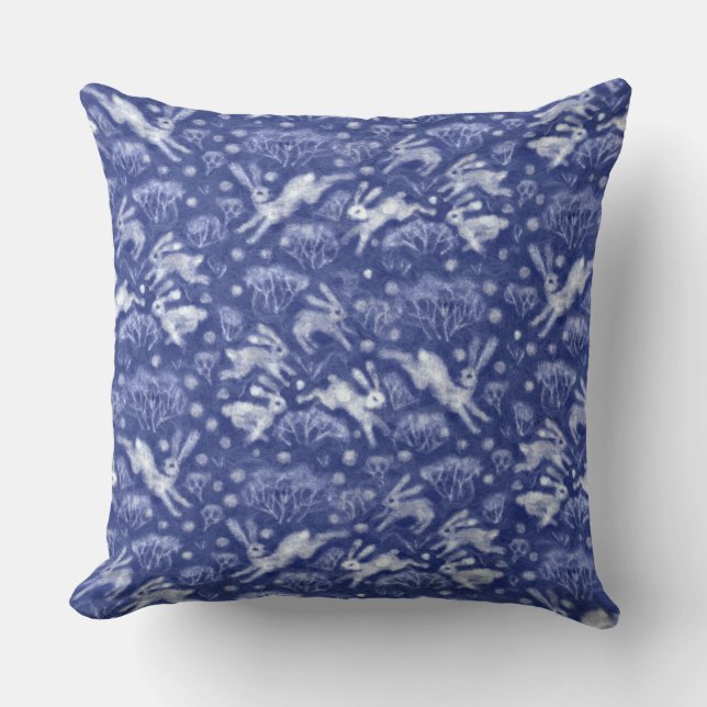 Hares Snow Field White Rabbits Winter Pattern Blue Throw Pillow (Front)