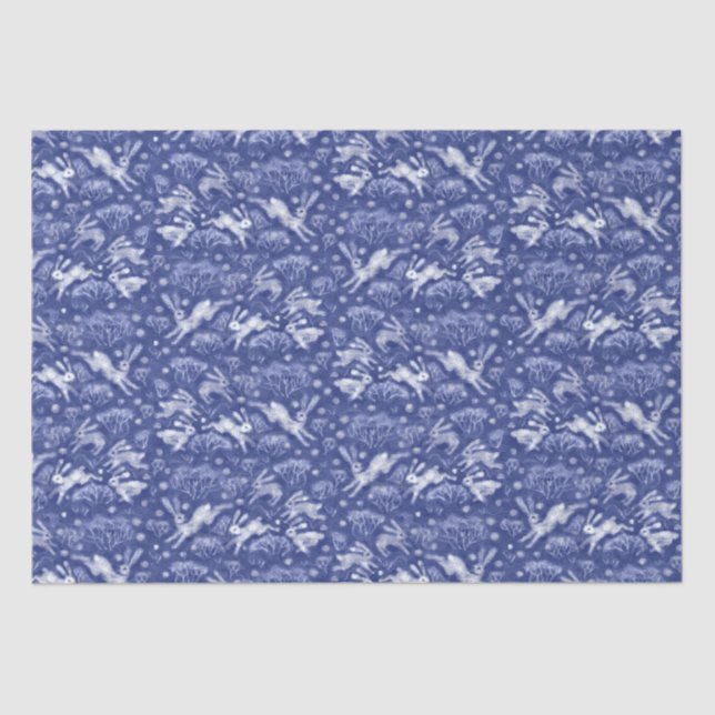 Hares Snow Field White Rabbits Winter Pattern Blue Tissue Paper (Front)