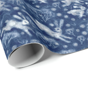 Hares Snow Field White Rabbits Winter Pattern Blue Wrapping Paper