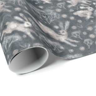Hares Snow Field White Rabbits Winter Pattern Grey Wrapping Paper