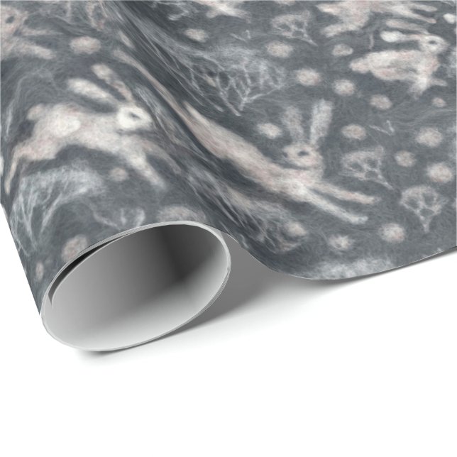 Hares Snow Field White Rabbits Winter Pattern Grey Wrapping Paper (Roll Corner)