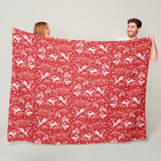 Hares Snow Field White Rabbits Winter Pattern Red Fleece Blanket (In Situ)
