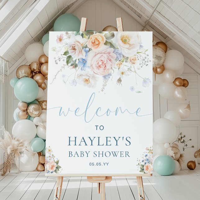 Hargrove Blue Floral Baby shower Affiche de bienve (Créateur téléchargé)