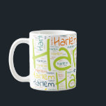 Harlem Coffee Mug<br><div class="desc">Harlem. Show and wear this popular beautiful male first name designed as colourful wordcloud made of horizontal and vertical cursive hand lettering typography in different sizes and adorable fresh colours. Wear your positive american name or show the world whom you love or adore. Merch with this soft text artwork is...</div>