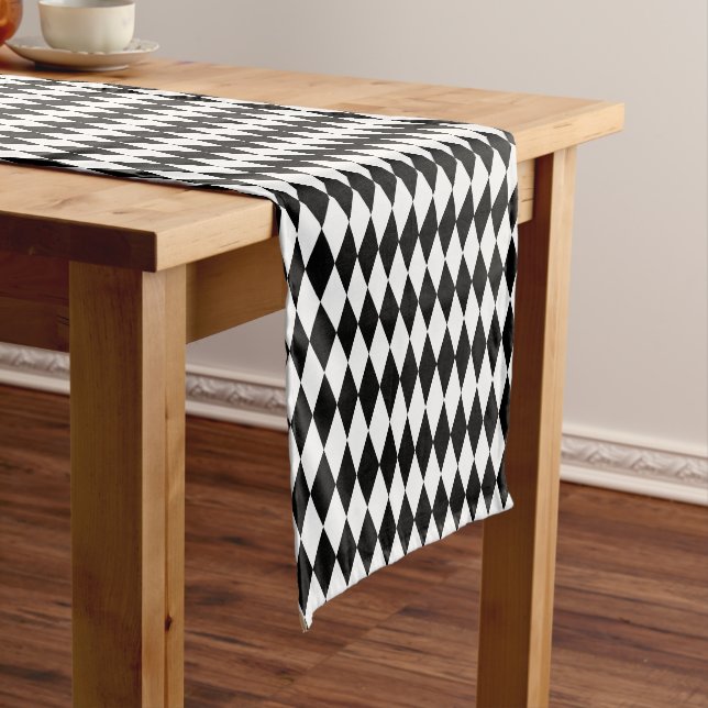 Harlequin Black and White Diamond Pattern Short Table Runner (In Situ)