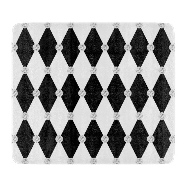 Harlequin Black White Rhombus Diamond Shape Cutting Board (Front)