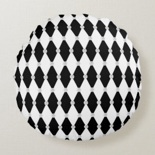 Harlequin Black White Rhombus Diamond Shape Round Pillow