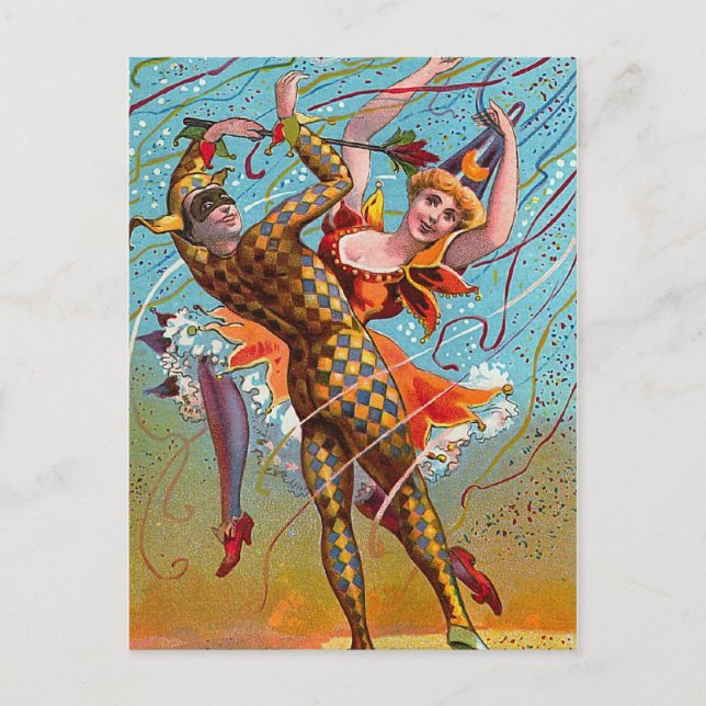 Harlequin Dancing Vintage Illustration Postcard (Front)