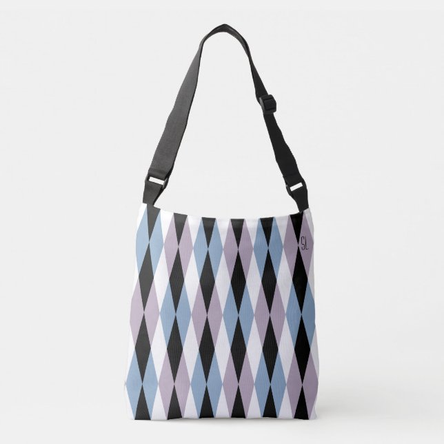 Harlequin Diamond Pattern - Blue and Dusty Lilac Crossbody Bag (Front)