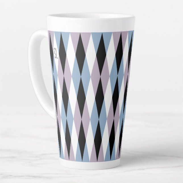 Harlequin Diamond Pattern - Blue and Dusty Lilac Latte Mug (Left Angle)