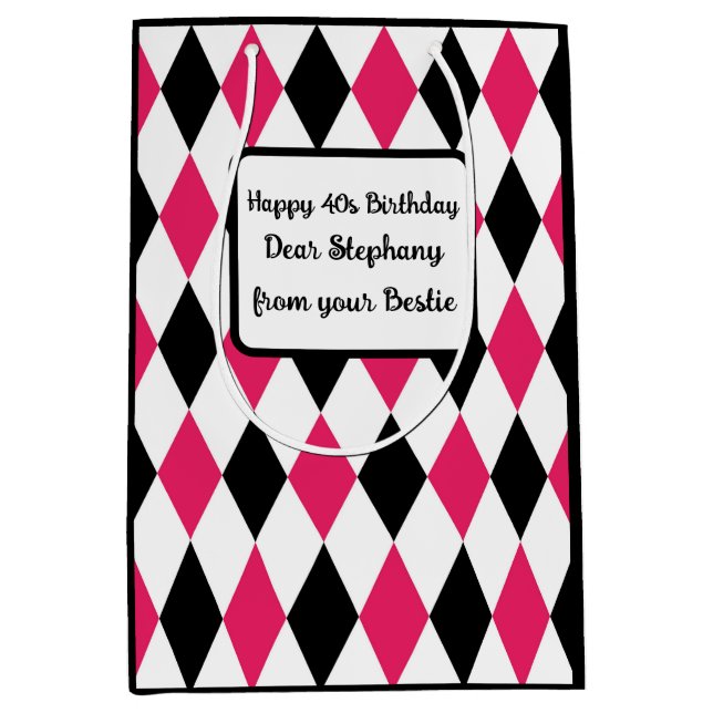 Harlequin Elegant Diamond Geometric Black White Medium Gift Bag (Front)