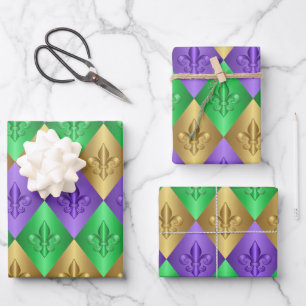 Harlequin Fleur-de-Lis Mardi Gras Pattern Wrapping Paper Sheet